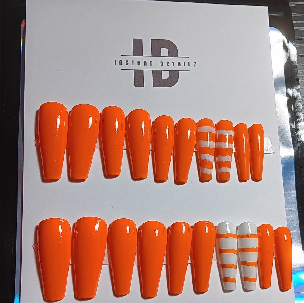 Halloween Stripes | Orange and White Press On Nails | by Instant Detailz
